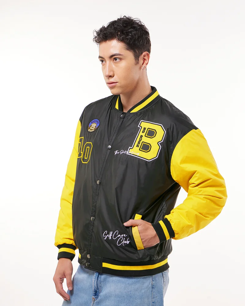 بيواكوف Men's Black Printed Contrast Sleeve Oversized Bomber Jacket